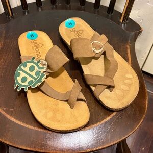 Yokono Womens Beige Leather Sock Cork Footbed Slide Comfort Buckle Sandal 8